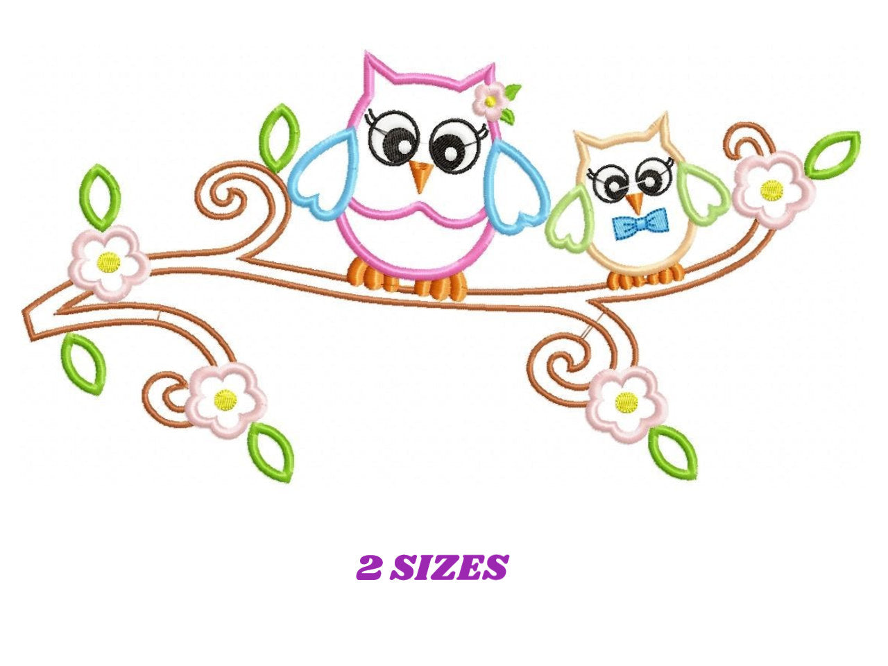 Owl with flowers embroidery design - Owl family on branch applique machine embroidery pattern - Kitchen towel file - Instant download pes