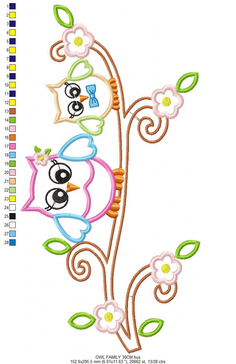 Owl with flowers embroidery design - Owl family on branch applique machine embroidery pattern - Kitchen towel file - Instant download pes