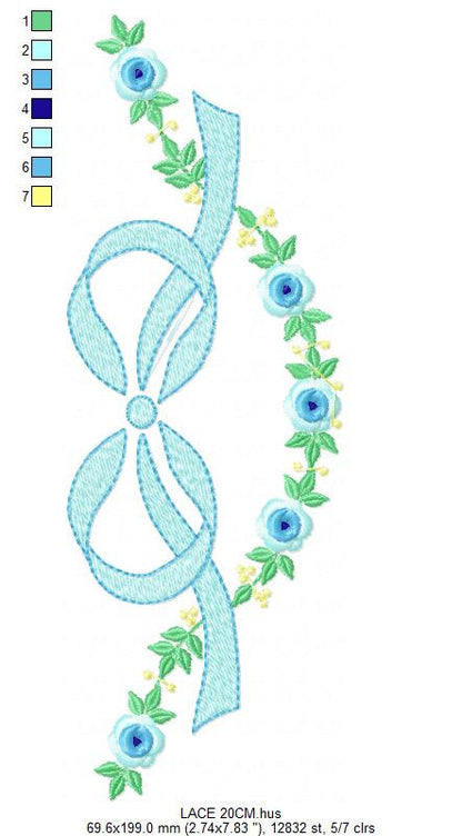 Lace with flowers embroidery designs - Bow Tie embroidery design machine embroidery pattern - Baby girl embroidery file - Lace embroidery