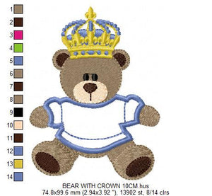 Bear embroidery designs - Bear with crown embroidery design machine embroidery pattern - Teddy bear embroidery file - Bear applique design