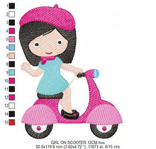 Charger l&#39;image dans la galerie, Baby girl embroidery designs - Girl with bike embroidery design machine embroidery pattern - scooter embroidery file - French girl design
