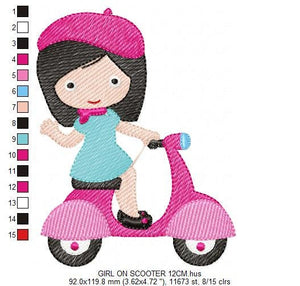 Baby girl embroidery designs - Girl with bike embroidery design machine embroidery pattern - scooter embroidery file - French girl design