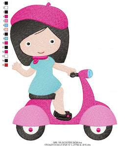 Baby girl embroidery designs - Girl with bike embroidery design machine embroidery pattern - scooter embroidery file - French girl design