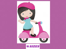 Load image into Gallery viewer, Baby girl embroidery designs - Girl with bike embroidery design machine embroidery pattern - scooter embroidery file - French girl design
