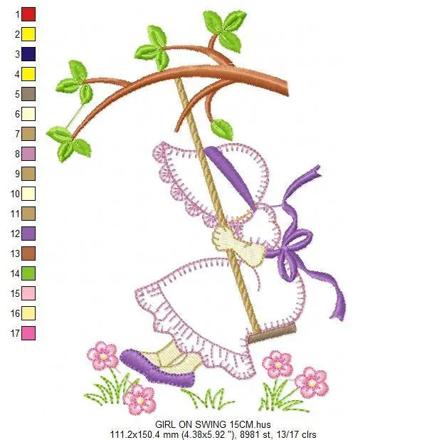Sunbonnet embroidery designs - Girl on swing embroidery design machine embroidery pattern - Tree and flowers - Instant download pes jef dst Marcia Embroidery