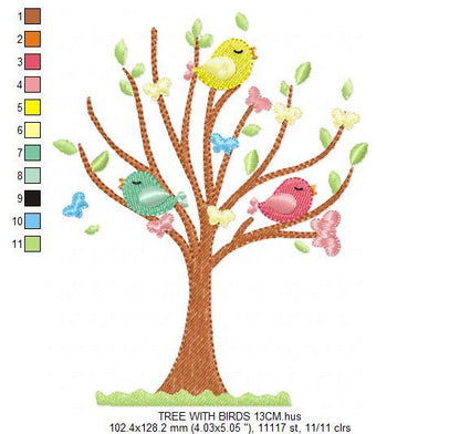 Tree embroidery designs - Flower embroidery design machine embroidery pattern - Bird embroidery file - Spring Summer design instant download