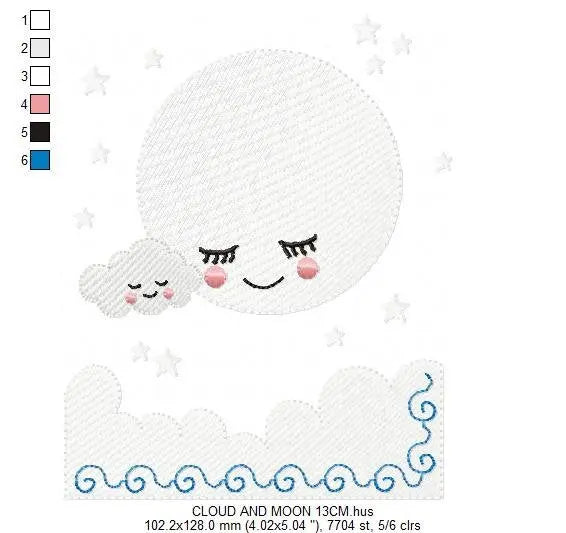 Cloud embroidery design - Moon embroidery design machine embroidery pattern - baby boy embroidery file - night sky embroidery filled design Marcia Embroidery