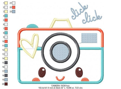 Modern Camera embroidery designs - Cam applique machine embroidery pattern - Photo embroidery file -  Instant digital download pes jef dst