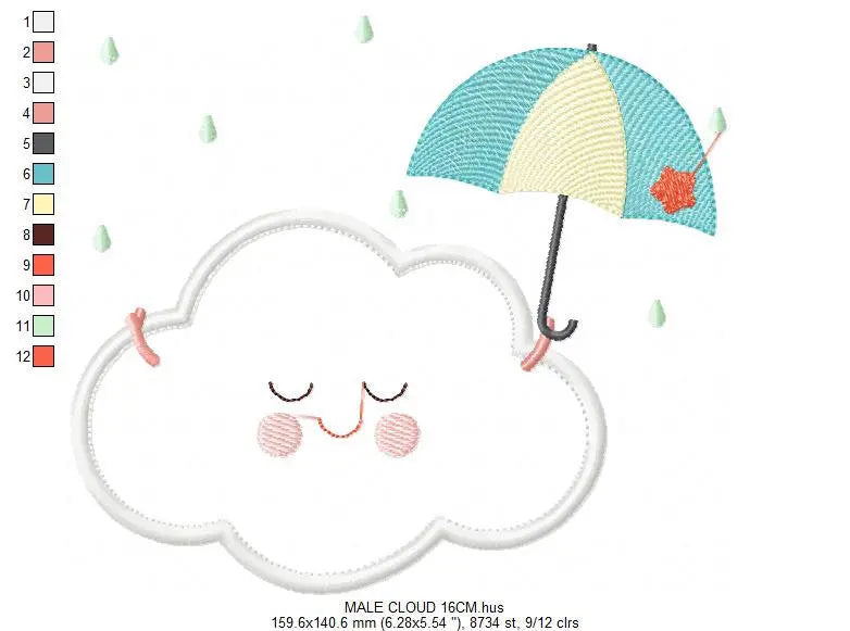 Cloud with happy face embroidery design - Raining cloud with umbrella machine embroidery pattern - Cloud applique file - Instant download Marcia Embroidery