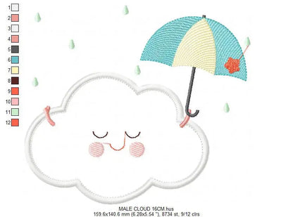 Cloud with happy face embroidery design - Raining cloud with umbrella machine embroidery pattern - Cloud applique file - Instant download Marcia Embroidery