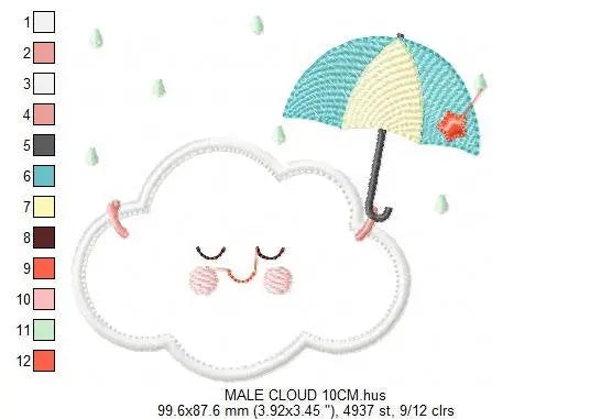 Cloud with happy face embroidery design - Raining cloud with umbrella machine embroidery pattern - Cloud applique file - Instant download Marcia Embroidery