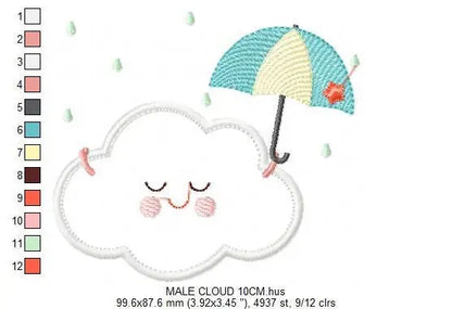Cloud with happy face embroidery design - Raining cloud with umbrella machine embroidery pattern - Cloud applique file - Instant download Marcia Embroidery