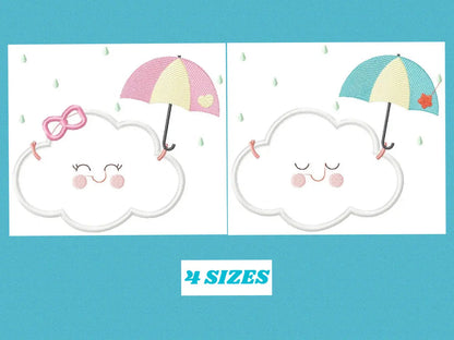 Cloud with happy face embroidery design - Raining cloud with umbrella machine embroidery pattern - Cloud applique file - Instant download Marcia Embroidery