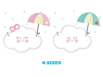 Cloud with happy face embroidery design - Raining cloud with umbrella machine embroidery pattern - Cloud applique file - Instant download Marcia Embroidery