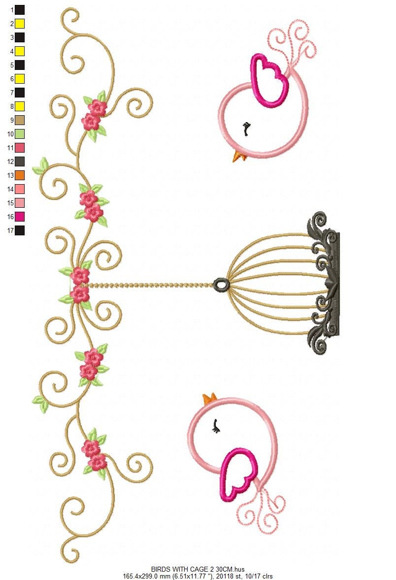 Bird embroidery designs - Birdcage embroidery design machine embroidery pattern - instant download - baby girl embroidery bird applique