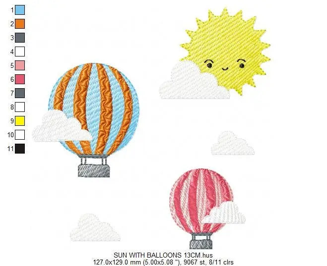 Hot air balloon embroidery design - Balloons with clouds in the sky machine embroidery pattern - Baby Boy and Girl file - Instant download pes jef Marcia Embroidery