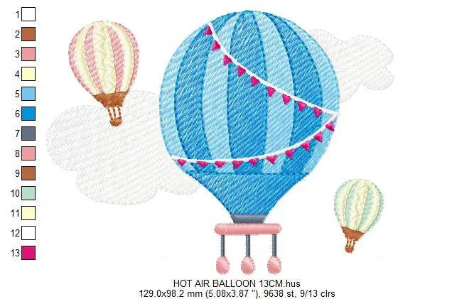 Ballon embroidery designs - Hot air balloon embroidery design machine embroidery pattern - Sky with clouds embroidery - instant download Marcia Embroidery