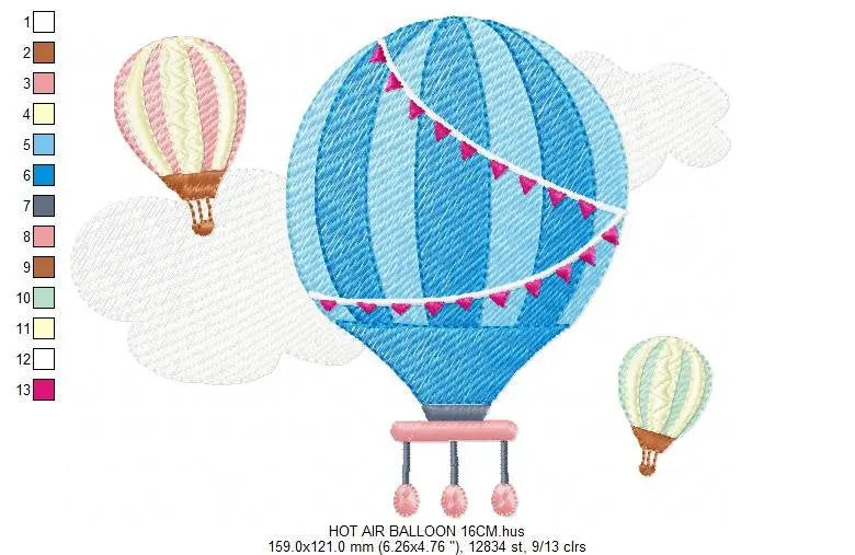 Ballon embroidery designs - Hot air balloon embroidery design machine embroidery pattern - Sky with clouds embroidery - instant download Marcia Embroidery