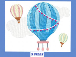 Ballon embroidery designs - Hot air balloon embroidery design machine embroidery pattern - Sky with clouds embroidery - instant download