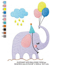 Cargar imagen en el visor de la galería, Birthday Party Elephant embroidery designs - Animal with balloons embroidery design machine embroidery pattern  Elephant embroidery download
