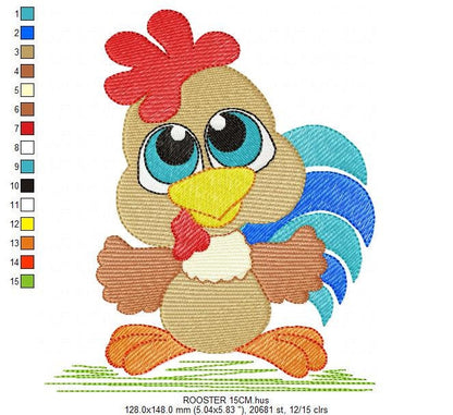 Colorful Chicken embroidery designs - Rooster machine embroidery pattern - Farm Animal Kitchen Towel file - Instant digital download pes jef