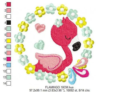 Flamingo embroidery designs - Flower Wreath with hearts machine embroidery pattern - Pink Bird file - Instant digital download pes jef dst Marcia Embroidery