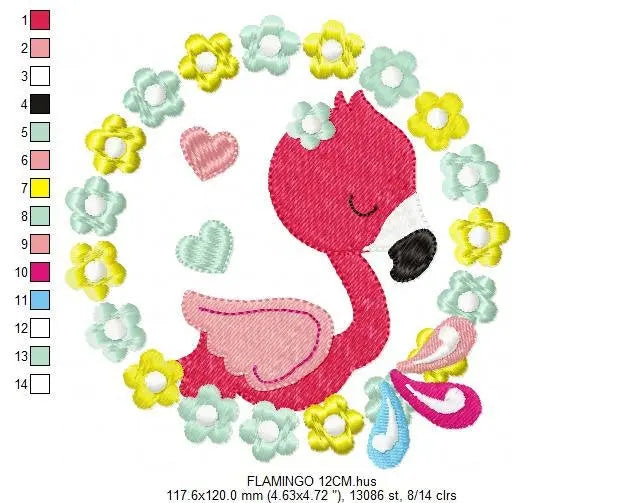 Flamingo embroidery designs - Flower Wreath with hearts machine embroidery pattern - Pink Bird file - Instant digital download pes jef dst Marcia Embroidery