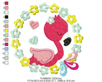 Flamingo embroidery designs - Flower Wreath with hearts machine embroidery pattern - Pink Bird file - Instant digital download pes jef dst Marcia Embroidery