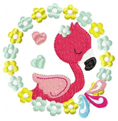 Flamingo embroidery designs - Flower Wreath with hearts machine embroidery pattern - Pink Bird file - Instant digital download pes jef dst Marcia Embroidery