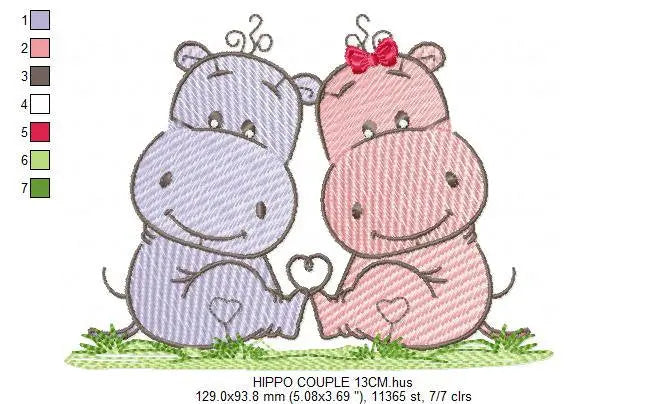 Love Couple Hippo embroidery designs - Valentine Wedding Decoration embroidery design machine embroidery pattern - Instant download pes jef Marcia Embroidery