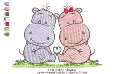 Love Couple Hippo embroidery designs - Valentine Wedding Decoration embroidery design machine embroidery pattern - Instant download pes jef Marcia Embroidery