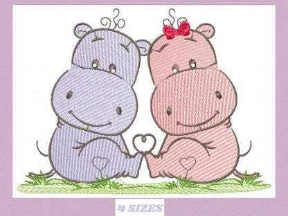 Love Couple Hippo embroidery designs - Valentine Wedding Decoration embroidery design machine embroidery pattern - Instant download pes jef Marcia Embroidery