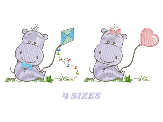 Hippo embroidery designs - Safari wild animal machine embroidery pattern - Baby girl and boy animal with balloon file - Instant download pes