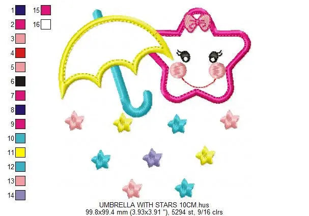 Umbrella with stars embroidery design - Umbrella embroidery design machine embroidery pattern  girl embroidery file umbrella applique design Marcia Embroidery