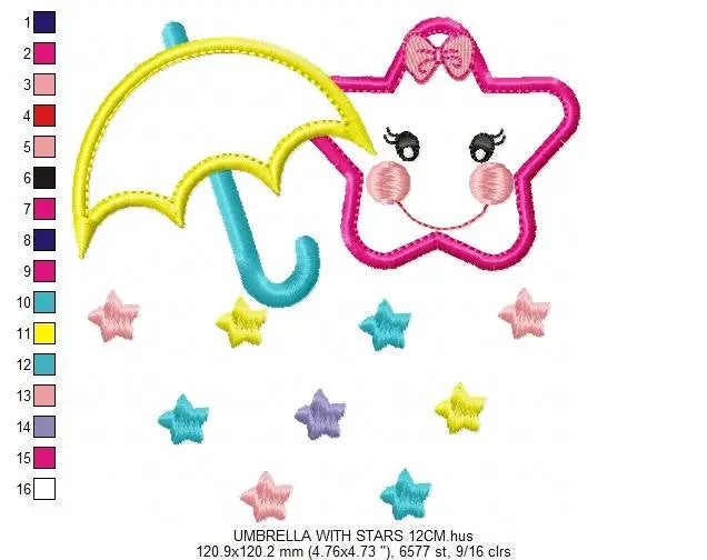 Umbrella with stars embroidery design - Umbrella embroidery design machine embroidery pattern  girl embroidery file umbrella applique design Marcia Embroidery