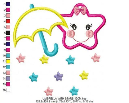 Umbrella with stars embroidery design - Umbrella embroidery design machine embroidery pattern  girl embroidery file umbrella applique design Marcia Embroidery