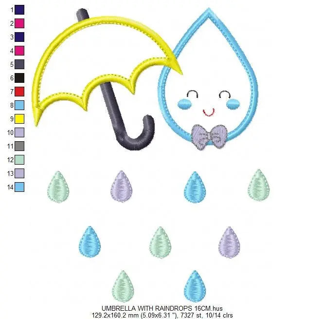 Umbrella with raindrop embroidery design - Rain embroidery design machine embroidery pattern - baby boy embroidery file umbrella applique Marcia Embroidery