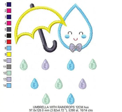 Umbrella with raindrop embroidery design - Rain embroidery design machine embroidery pattern - baby boy embroidery file umbrella applique Marcia Embroidery