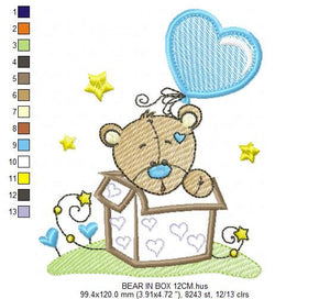 Bear in a box embroidery designs - Teddy with heart balloon embroidery design machine embroidery pattern - Surprise Party - Instant download