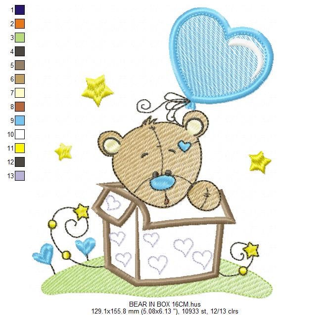 Bear in a box embroidery designs - Teddy with heart balloon embroidery design machine embroidery pattern - Surprise Party - Instant download