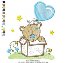 Carica l&#39;immagine nel visualizzatore di Gallery, Bear in a box embroidery designs - Teddy with heart balloon embroidery design machine embroidery pattern - Surprise Party - Instant download
