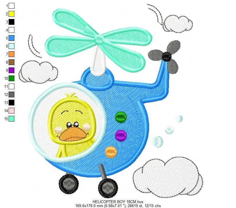 Helicopter embroidery designs - Duck embroidery design machine embroidery pattern - Chopper embroidery Pilot duck design boy embroidery file Marcia Embroidery