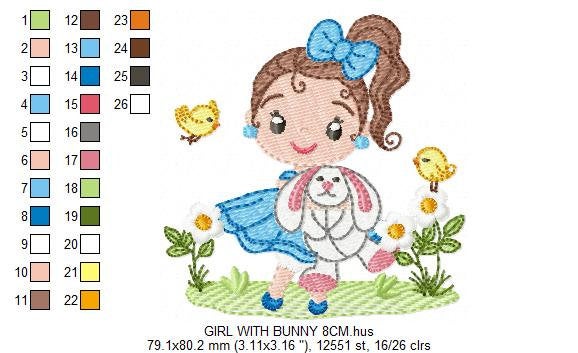 Baby girl embroidery designs - Young girl with rabbit and birds machine embroidery pattern - Girl with bunny file - Instant digital download