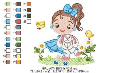 Baby girl embroidery designs - Young girl with rabbit and birds machine embroidery pattern - Girl with bunny file - Instant digital download