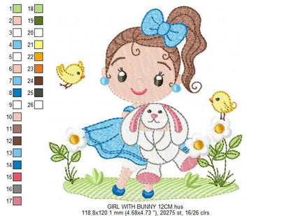 Baby girl embroidery designs - Young girl with rabbit and birds machine embroidery pattern - Girl with bunny file - Instant digital download