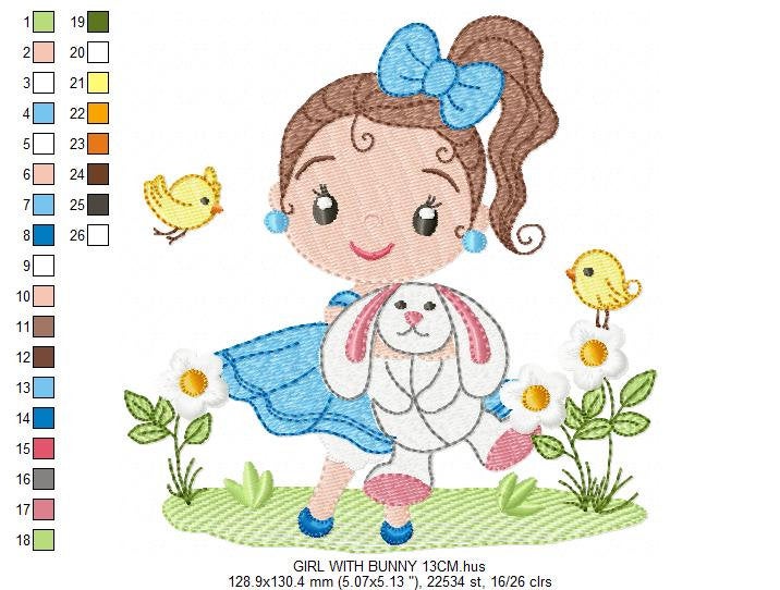 Baby girl embroidery designs - Young girl with rabbit and birds machine embroidery pattern - Girl with bunny file - Instant digital download