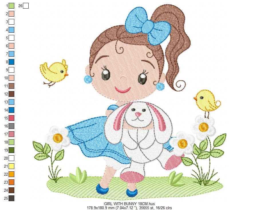 Baby girl embroidery designs - Young girl with rabbit and birds machine embroidery pattern - Girl with bunny file - Instant digital download