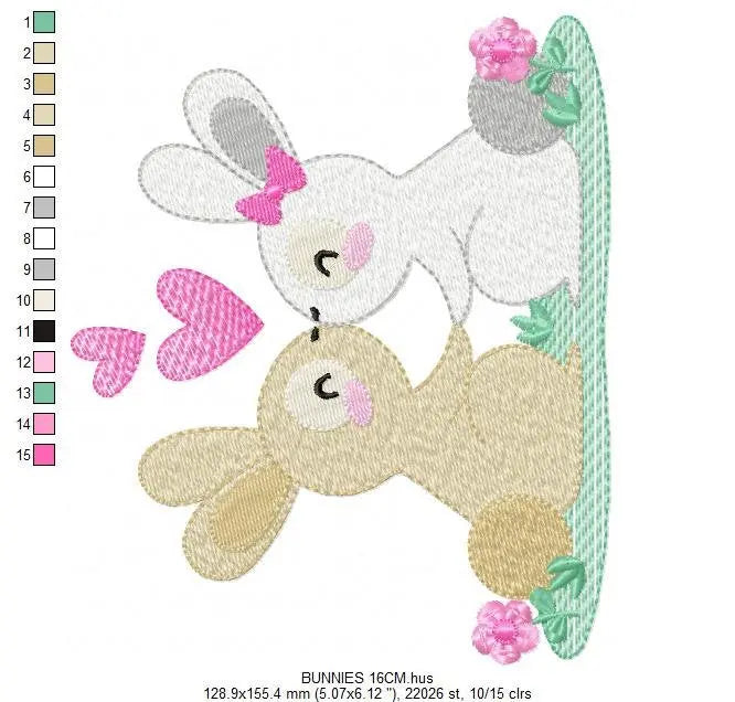 Couple Bunny with hearts embroidery design - Rabbit Fanily Valentines with hearts machine embroidery pattern - Love file - Instant download Marcia Embroidery