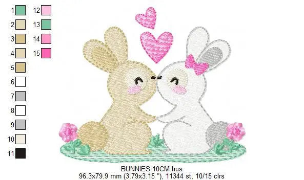 Couple Bunny with hearts embroidery design - Rabbit Fanily Valentines with hearts machine embroidery pattern - Love file - Instant download Marcia Embroidery