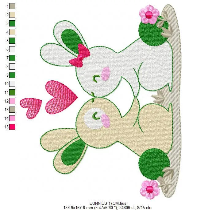 Couple Bunny with hearts embroidery design - Rabbit Fanily Valentines with hearts machine embroidery pattern - Love file - Instant download Marcia Embroidery